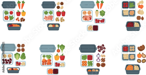Healthy meal prep containers with fresh vegetables fruits proteins and snacks organized in reusable lunch boxes vector illustration set