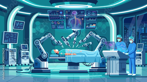 High-tech robotic surgery in a futuristic operating room with medical professionals. Illustrates precision, innovation, and healthcare technology.