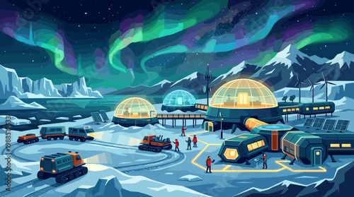 Vibrant vector illustration of an arctic research base under the aurora borealis, featuring scientists, futuristic habitats, and renewable energy. Ideal for science, tech, and environment projects.