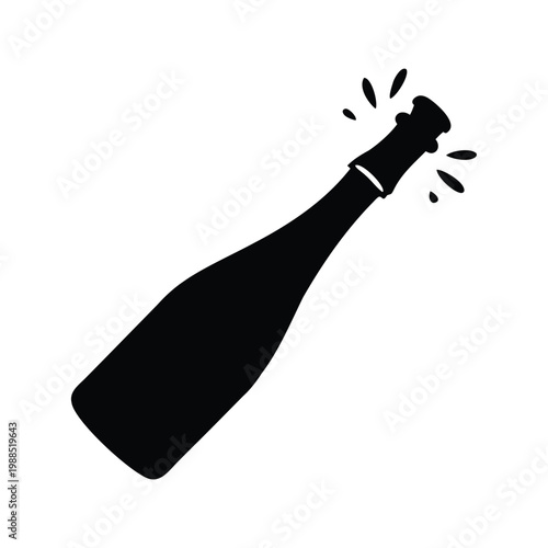 Black and white champagne bottle popping with bubbles silhouette vector illustration, opened champagne bottle with cork popping silhouette vector illustration