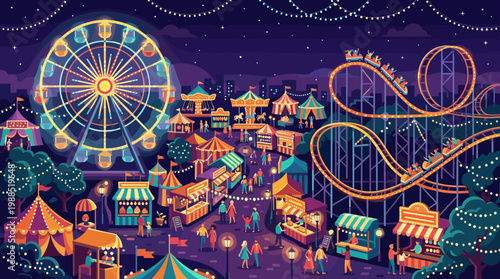 An exciting vector illustration of a lively amusement park at night. Features a colorful Ferris wheel, thrilling roller coaster, and bustling market stalls. Perfect for family fun and events.