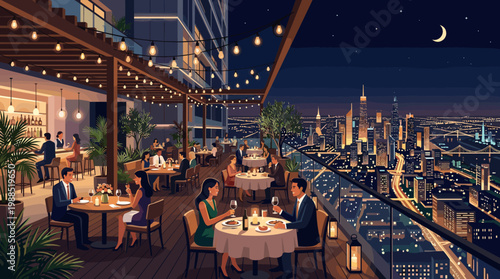 Vector illustration of people dining at a luxurious rooftop restaurant overlooking a vibrant city skyline at night. Ideal for urban lifestyle, upscale hospitality, and evening entertainment.