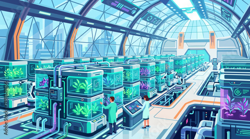 Scientists manage a futuristic vertical farm, cultivating plants in advanced hydroponic chambers with robotics. Innovation, sustainable agriculture, biotechnology.