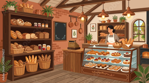 A cheerful baker in a charming rustic bakery filled with freshly baked bread, pastries, and sweets. Ideal for food, retail, or hospitality designs.