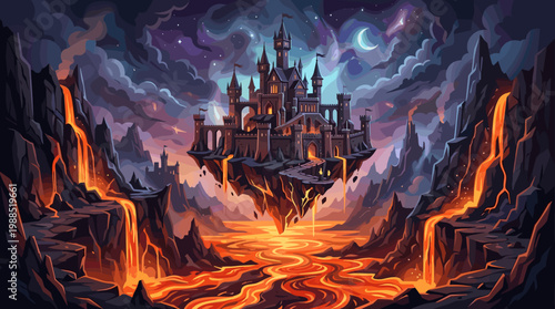 Epic fantasy castle floats above a dramatic lava landscape under a dark, mystical starry night sky. Perfect for game art, book covers, and digital backgrounds.