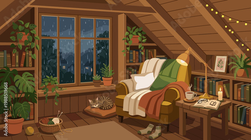 Vector illustration of a cozy attic room on a rainy evening, featuring an armchair, sleeping cat, bookshelves, and plants. Perfect for relaxation and home themes.
