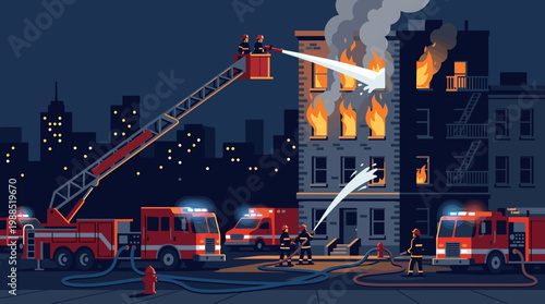 Firefighters bravely combat a raging building fire in a city at night with fire trucks and hoses. Depicts an emergency scene, ideal for safety campaigns or urban services.