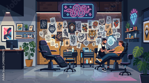 Vibrant vector illustration of a professional tattoo artist working on a client in a modern studio. Features diverse flash art and neon signs, perfect for lifestyle or design themes.