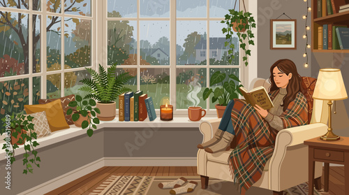 Cozy vector illustration of a woman reading in a comfy armchair by a window on a rainy autumn day. Perfect for hygge, relaxation, or lifestyle themes.