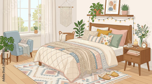 Detailed vector illustration of a comfortable bedroom. Features boho decor, abundant plants, soft lighting, and warm textures, creating a relaxing, inviting atmosphere.