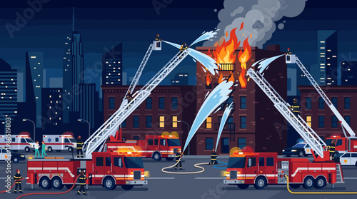 Vibrant vector scene depicting firefighters and emergency services at a night city fire. Trucks, ladders, and water jets combat the blazing building.
