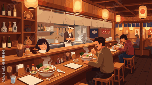Authentic vector illustration of a cozy Japanese ramen restaurant. Chef cooks, happy diners enjoy noodles. Ideal for food blogs, menus, travel, or cultural designs.