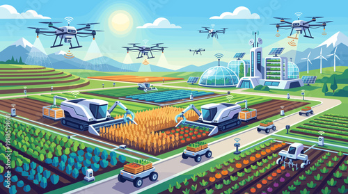 Detailed vector illustration showcasing smart agriculture. Drones, autonomous robots, and sustainable tech optimize crop fields. Perfect for technology, sustainability, and farming concepts.