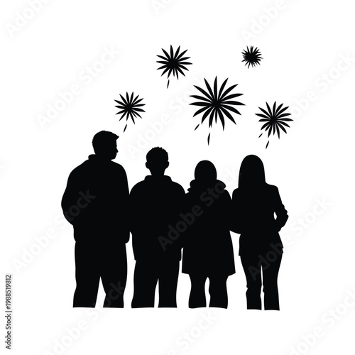 Family of four watching fireworks in the night sky silhouette vector illustration design, people watching fireworks silhouette vector illustration