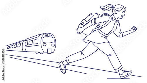 Young woman with backpack running to catch departing train, sense of urgency and adventure