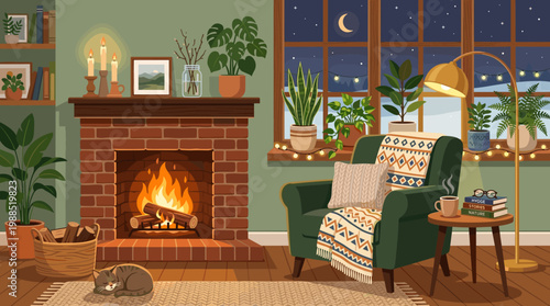 A cozy, hygge vector illustration of a warm living room at night with a roaring fireplace, comfy armchair, lush plants, and a sleeping cat. Ideal for home comfort and relaxation.