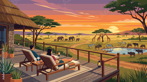A couple enjoys a peaceful African safari sunset from their luxury lodge balcony. Wildlife like elephants, giraffes, and zebras gather at a watering hole. Ideal for travel ads.