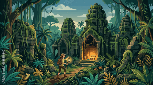 Adventurer discovers glowing ancient jungle temple. Ideal for adventure, exploration, mystery, travel, gaming, and digital art projects.