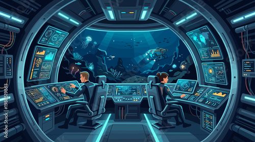 Futuristic vector illustration of two scientists in a submarine control room, exploring the deep ocean with advanced technology and glowing screens. Perfect for science, tech, and exploration themes.