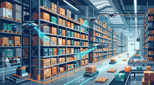 Dynamic vector of a futuristic automated warehouse showcasing drones, AGVs, and conveyor belts for advanced inventory management and efficient logistics.