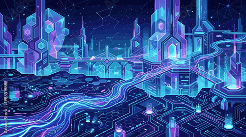 Vibrant futuristic city at night with glowing neon circuits, geometric architecture, and digital pathways. Represents technology, AI, and cyberspace. Ideal for tech, business.
