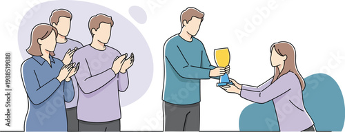 Business award recognition employee receiving trophy from team illustration