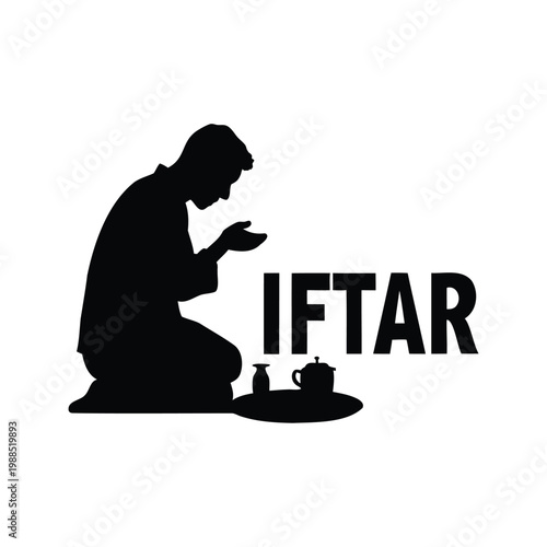 Man breaking fast during Ramadan with traditional items silhouette vector illustration, person breaking fast at iftar silhouette vector illustration