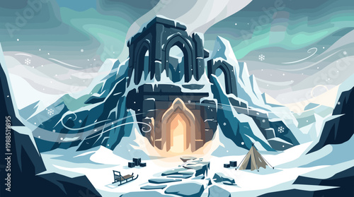 Mysterious ancient ice fortress glowing in a snowy arctic landscape. Ideal for fantasy, adventure, game assets, or winter exploration themes.