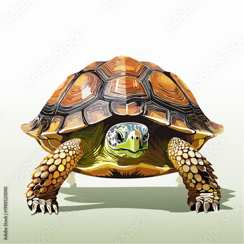 A colorful tortoise crawls slowly on land with its head and legs out.