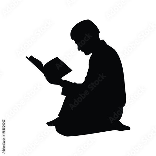 Silhouette of person reading book, peaceful moment, silhouette vector illustration, person reading islamic book silhouette vector illustration