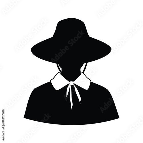 Elegant woman with hat and bowtie, silhouette vector illustration design, pilgrim bonnet silhouette vector illustration