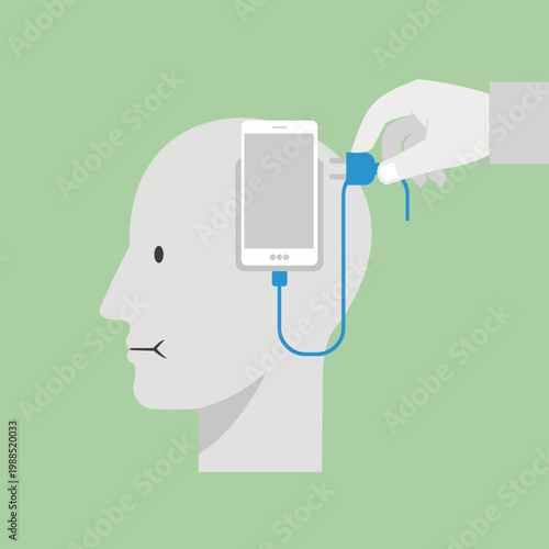 Digital Detox Concept Illustration of a Hand Unplugging a Mobile Phone from a Person's Head for Mental Well-being and Disconnecting from Technology