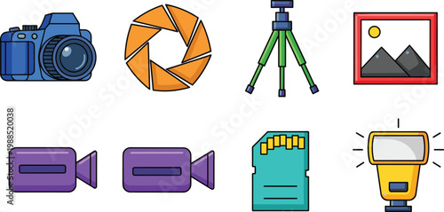 Photography and videography equipment icons set including camera aperture tripod lighting image tools creative media production elements
