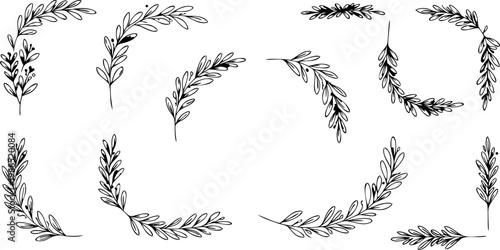 Collection of various laurel wreaths and garlands in a sketch style on white background