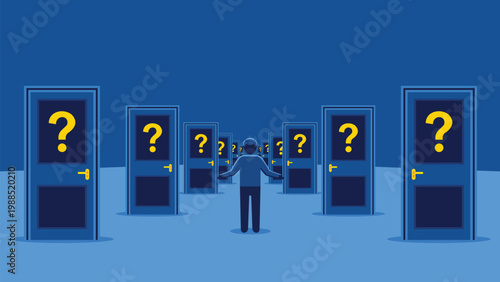 Decision Paralysis and Choice Overload Concept Illustration with a Man Facing Many Mysterious Doors with Question Marks Representing Uncertainty and Career Options
