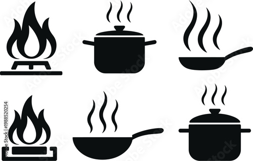 Cooking Pots and Pans Icon Set Vector Illustration, Six Black Gas Stove Symbols with Steam Including Frying Pan, Saucepan, and Boiling Pot for Kitchen Cooking Design