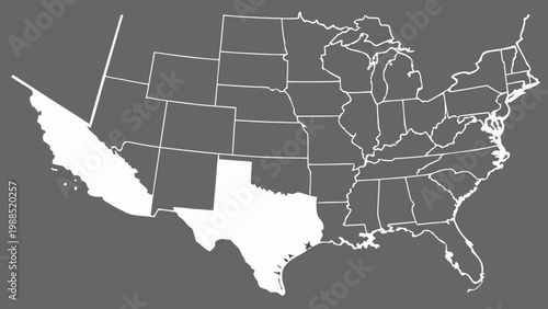 Map highlighting Texas and California within the United States