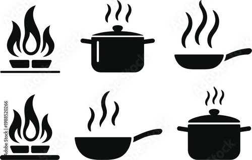Cooking Pots and Pans Icon Set Vector Illustration, Six Black Gas Stove Symbols with Steam Including Frying Pan, Saucepan, and Boiling Pot for Kitchen Cooking Design