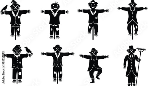 Vector collection of minimalist black and white scarecrow silhouettes featuring various designs with pumpkins crows hats and farm tools isolated on a white background