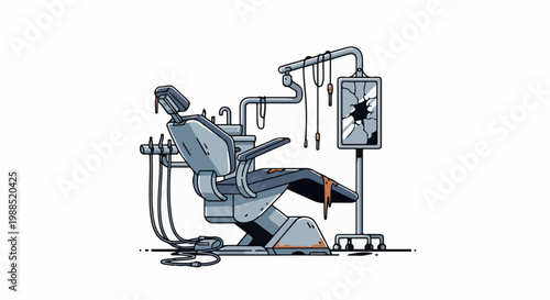 Dilapidated dental chair with cracked mirror and dripping liquids