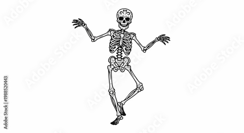 Dancing skeleton with ornate skull, white background