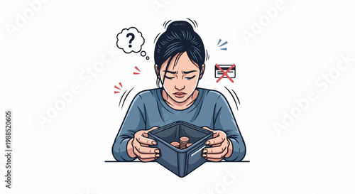 Woman distressed by empty wallet and cancelled credit card