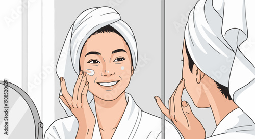 Woman applying cream to face in mirror after bath
