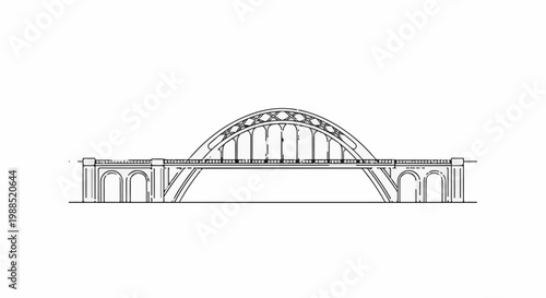 Architectural illustration of a large, arched, steel truss bridge with stone abutments