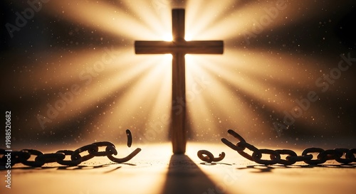 Meaningful religious art showing a radiant holy cross and shattered chains. Captures the essence of Christian redemption, victory over addiction, and the ultimate freedom found in prayer