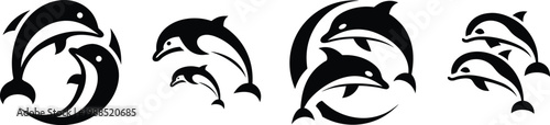 Dolphin pair and family logo set with swimming marine mammals, Minimalist jumping dolphin duo icons in black and white vector style