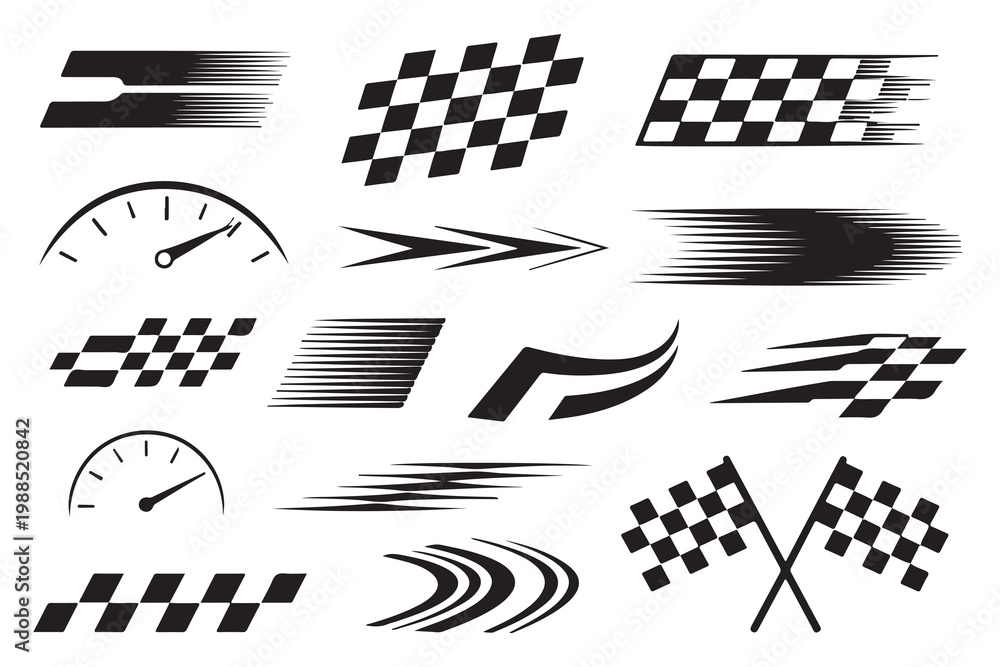 Fototapeta premium Racing and Speed Icon Set with Checkered Flags and Speedometers