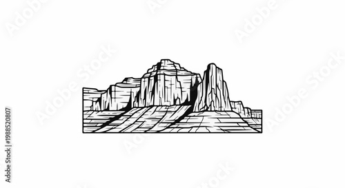 Stylized monochrome illustration of majestic rock formations and layered terrain
