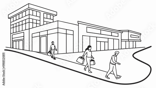People walking with shopping bags outside a row of retail stores and a modern building.