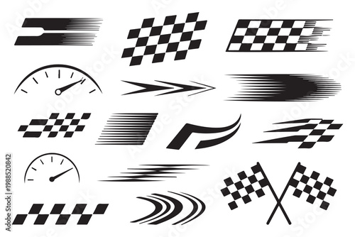 Racing and Speed Icon Set with Checkered Flags and Speedometers